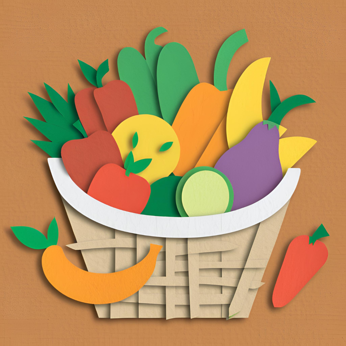 A construction paper collage of fruits and vegetables in a basket, made by Canva.