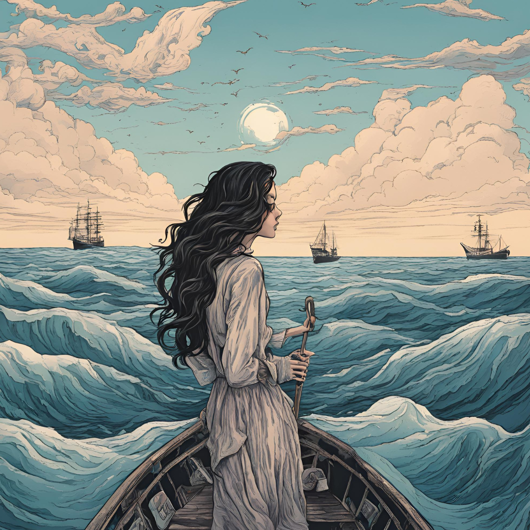 A girl in a boat, in the middle of the blue sea with her hair blowing looking into the distance