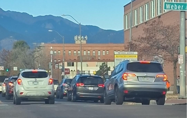 Heavy morning traffic along Platte Ave.